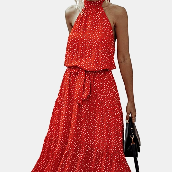 Red Halter Neck Sleeveless Floral Long Maxi Dress Backless Loose Ruffle Sundress - Picture 1 of 7